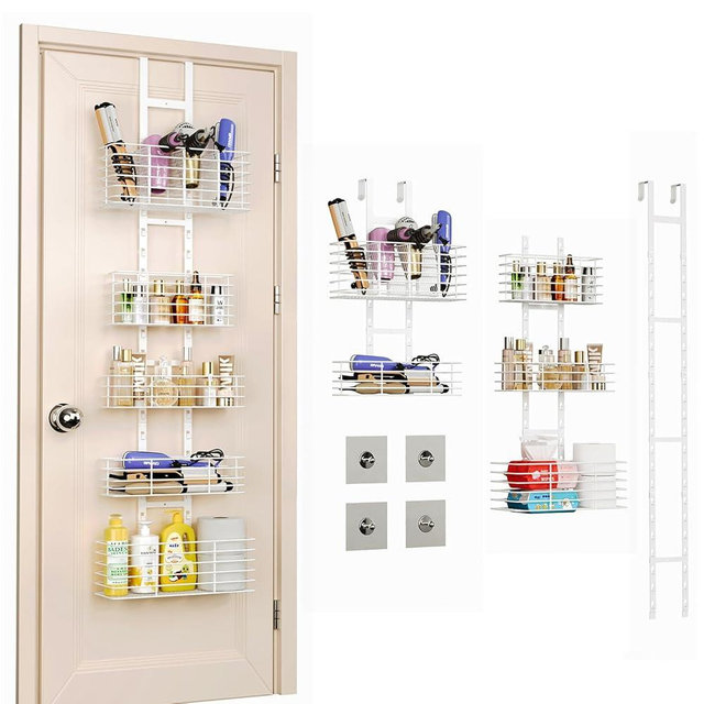 Yuyetuyo 5-Tier Over The Door Organizer Bathroom Shelves Hair Tool Organizer - Hair Dryer Holder Adjustable Height, DIY Bathroom Storage Shelf Wall Mounted Behind The Door Storage