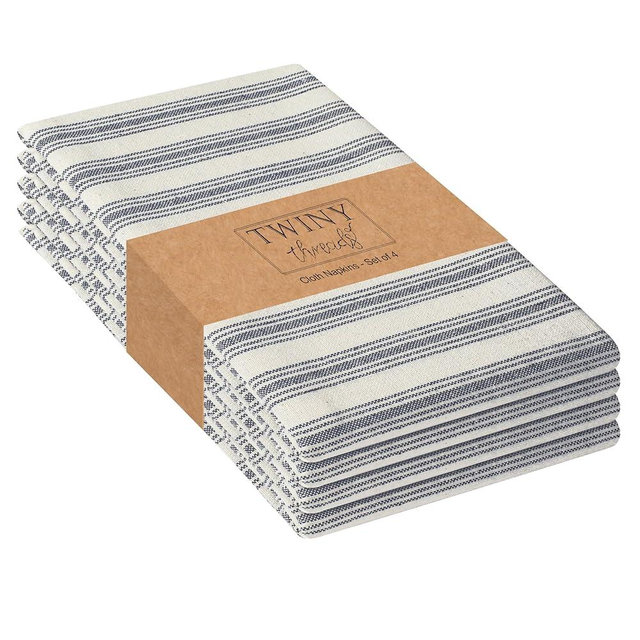 TWINY threads Stripe Cloth Napkins 100% Cotton 18x18 inch Set of 4 Rustic Farmhouse Napkin Washable Hotel Quality Dinner Napkins for Home, Restaurant, Wedding - Navy Blue