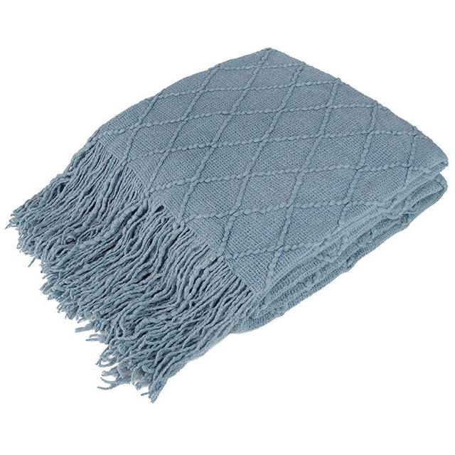 PAVILIA Knitted Throw Blanket Fringe Dusty Slate Light Blue Gray | Decorative Tassel Boho Farmhouse Decor Couch Bed Sofa Spring Outdoor | Aesthetic Textured Afghan Lightweight Cozy Acrylic 60x80 Twin