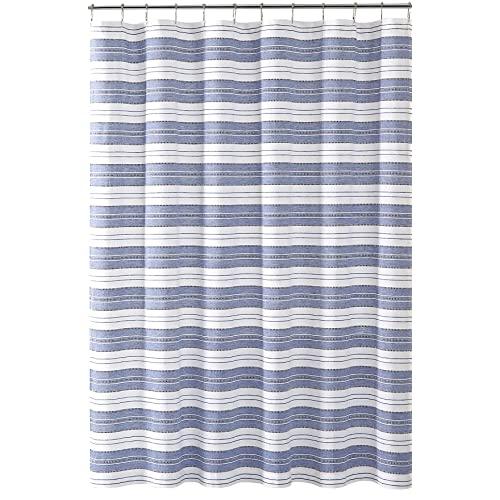 Chambray Blue and White Fabric Shower Curtain: Striped with Detailed Decorative Weave (Navy)