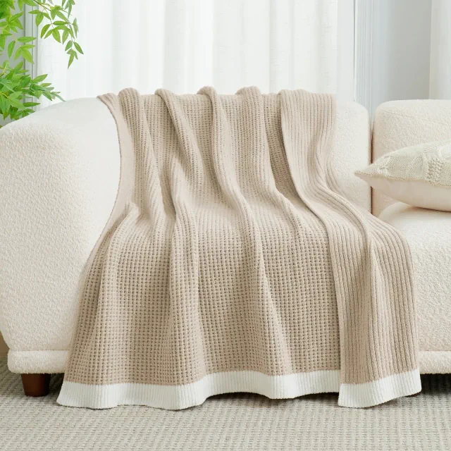 Amelie Home Reversible Chenille Waffle Knit Throw Blanket Soft, Lightweight & Cozy , Beige