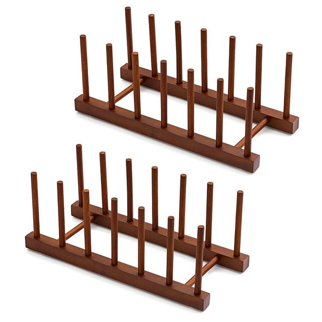HBlife 2pcs 6 Slots Teak Dish Plate Bowl Cup Book Pot Lid Cutting Board Drying Rack Stand Drainer Storage Holder Organizer Kitchen Cabinet（Keep Dry）