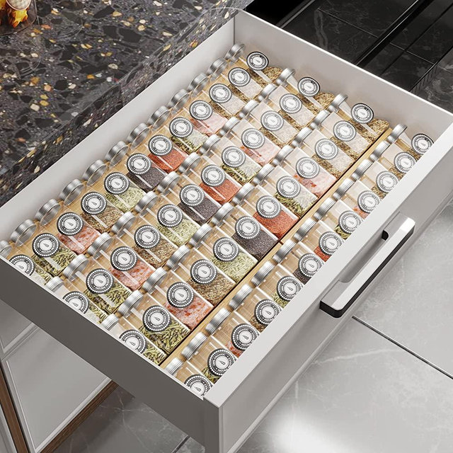AMBIRD Bamboo Spice Drawer Organizer with Non-slip Mat,4 Tier - 2 Set Jar Spice Rack Tray Expandable From 12''to 24'',Seasoning Organizer 48 Jars for Kitchen,Cabinet,Drawers,Countertop