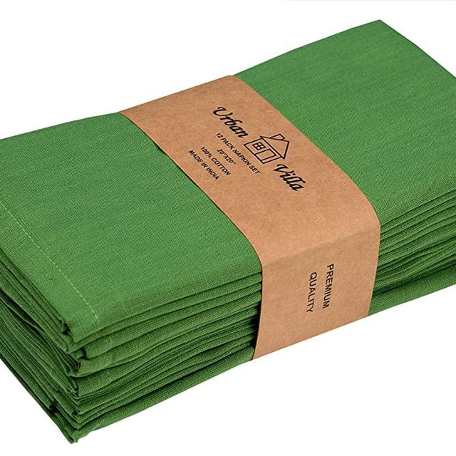 Urban Villa Solid Slub Set of 12 Dinner Napkins (20X20 Inch) 100% Cotton Everyday Use Premium Quality Over sized Cloth Napkins with Mitered Corners Ultra Soft Durable Hotel Quality (Green)