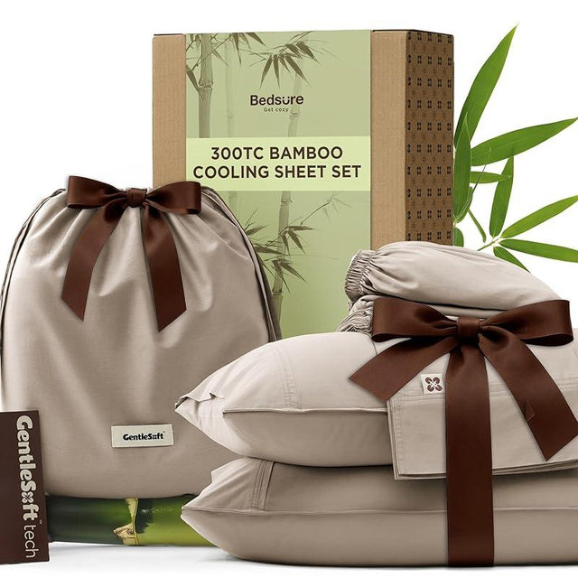 Bedsure Cooling Sheets, Rayon Derived from Bamboo & Cotton Blend, GentleSoft, Breathable, King Size Sheets Set, Deep Pocket Up to 18", Hotel Luxury Bedding for Hot Sleepers, Simply Taupe