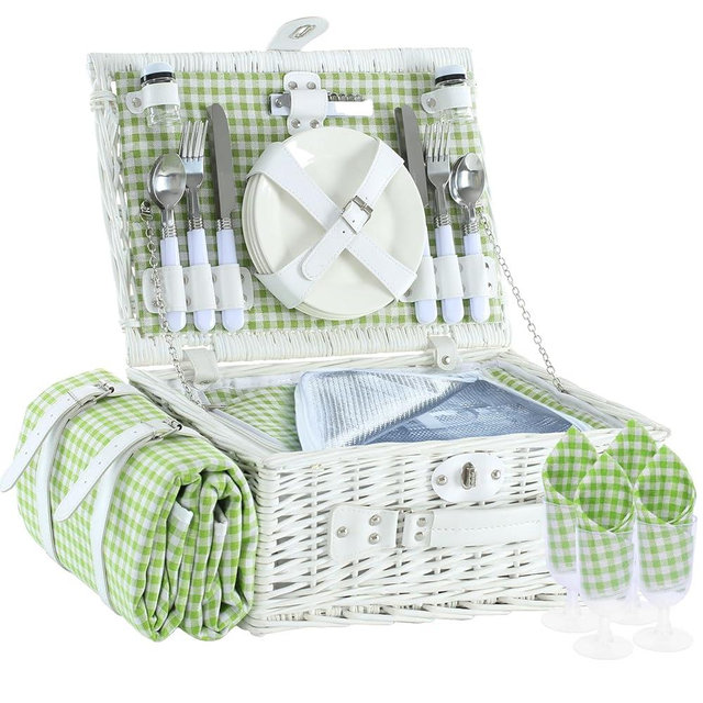 Neti Neti Wicker Picnic Basket for 4 with Insulated Cooler & Waterproof Blanket - Handwoven Luxury Outdoor Set with Ceramic Plates, Perfect for Beach, Camping & Romantic Getaways