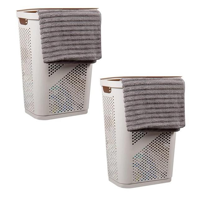 Mind Reader Basket Collection, Slim Laundry Hamper, 60 Liter (15g/33lbs) Capacity, Cut Out Handles, Attached Hinged Lid, Ventilated, Set of 2, Ivory