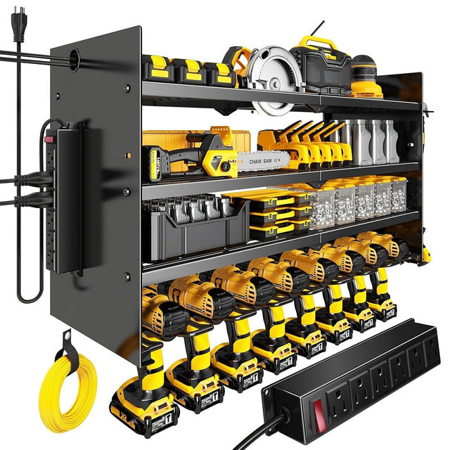 Hipidian Heavy Duty Adjustable Power Tool Organizer Wall Mount with Charging Station - 650lb Capacity 4 Layer Storage Rack with 8 Drill Holders for Garage Workshop Tools, Gifts for Men