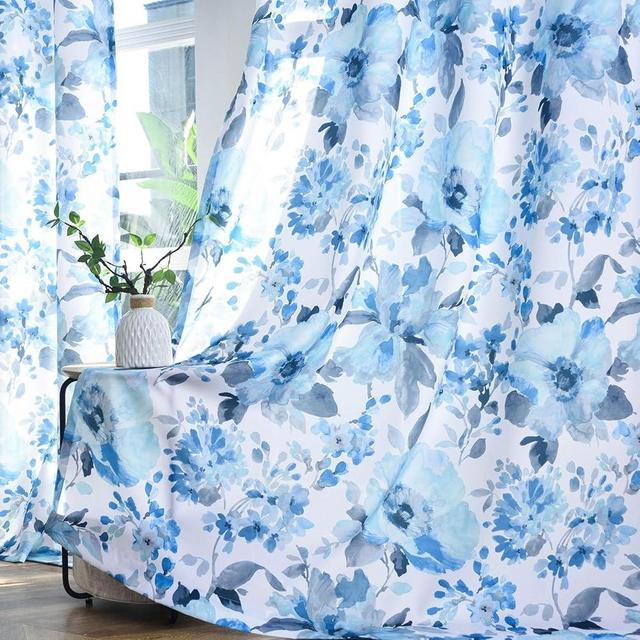 TERLYTEX Blue Grey Floral Curtains 84 Inches Long for Living Room, Blooming Flower Print Light Filtering Window Curtain Panels, Grommet Privacy Semi-Sheer Curtains, 52 x 84 Inch, 2 Panels, Blue Grey