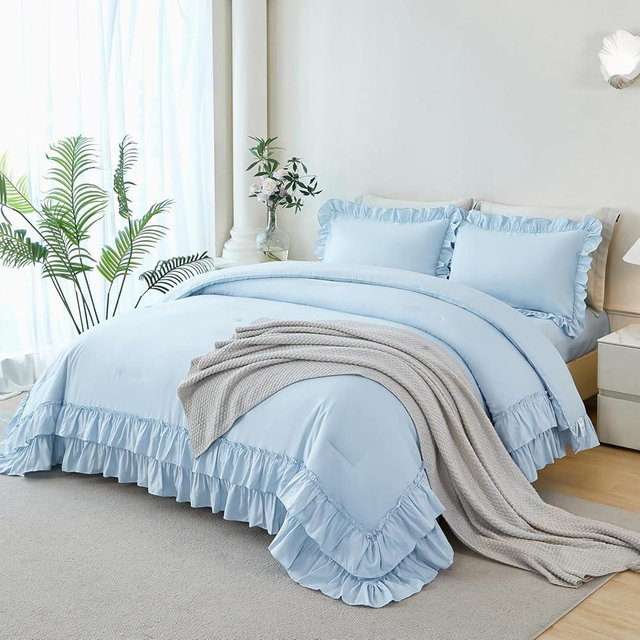 ANGIYUIN 5Pcs Blue Ruffle King Size Bed in A Bag Farmhouse Ruffled Bedding Comforter Set Fluffy Lightweight Comforter Set with Sheets for Women Men(Light Blue King)