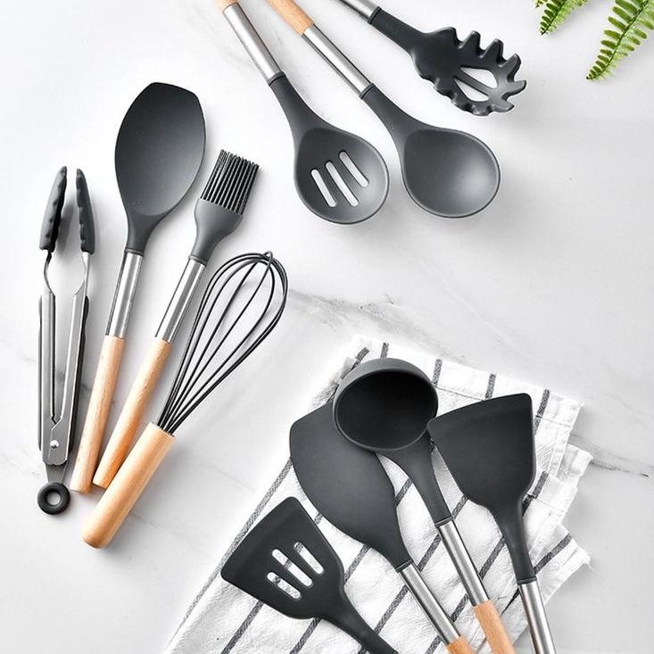 Umite Chef Kitchen Cooking Utensils Set, 24 pcs Non-stick Silicone Cooking Kitchen Utensils Spatula Set with Holder, Wooden Handle Silicone Kitchen Gadgets Utensil Set (Black Gray)