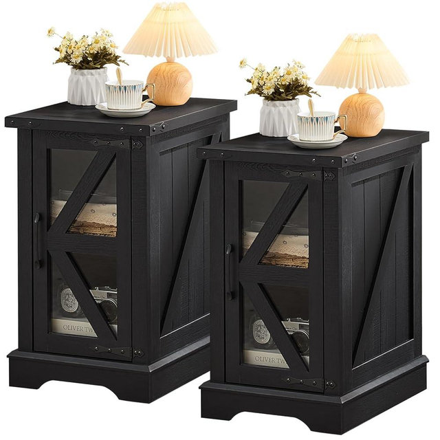 Joaxswe Narrow Night Stand Set 2, Farmhouse Side End Table with Glass Barn Door Storage, Bedside Tables, Black Nightstand Cabinet Organizer for Small Spaces Living Room Bedroom