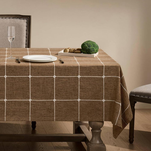 ZeeMart Grid Embroidered Hemmed Tablecloths, Caramel 60x120 Inch, Farmhouse Style Heavy Weight Cotton Linen Brown Tablecloths, Boho Plaid Water Resistant Rectangle Table Cloth