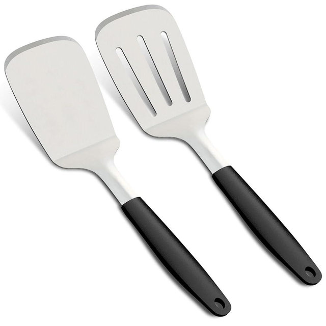 VKIZIKV Stainless Steel Spatulas Set, 13.3 inch Metal Spatula, Full Tang Solid and Slotted Turner for Cooking Cast Iron Skillet, Heat Resistant Silicone Handle (3.7"x4.6")