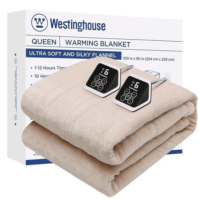Westinghouse Heated Blanket King Size, Electric Heating Blanket with 10 Heating Levels, 1-12 Hours Auto Shut Off, Fast Heating Warming Blanket, Machine Washable (King, 100x90 Inches, Beige)