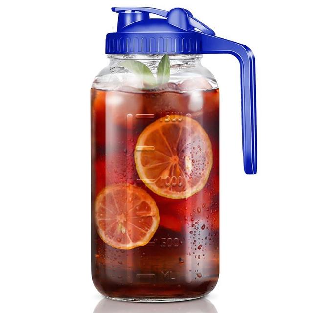 Wide Mouth Mason Jars 64 oz with Pour Spout Lids, SNGKMSYG 2 Quart Glass Pitcher with Lid, Double Leak Proof Breast Milk Pitcher for Fridge, Coffee, Water, Iced Tea (Blue, 64oz, 1 Pack)