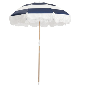 Business & Pleasure Co. Holiday Umbrella - Boho Beach Umbrella with White Fringe, UPF 50+, 1" Tilting Wood Pole, 5’ x 6.5’, Navy Capri Stripe