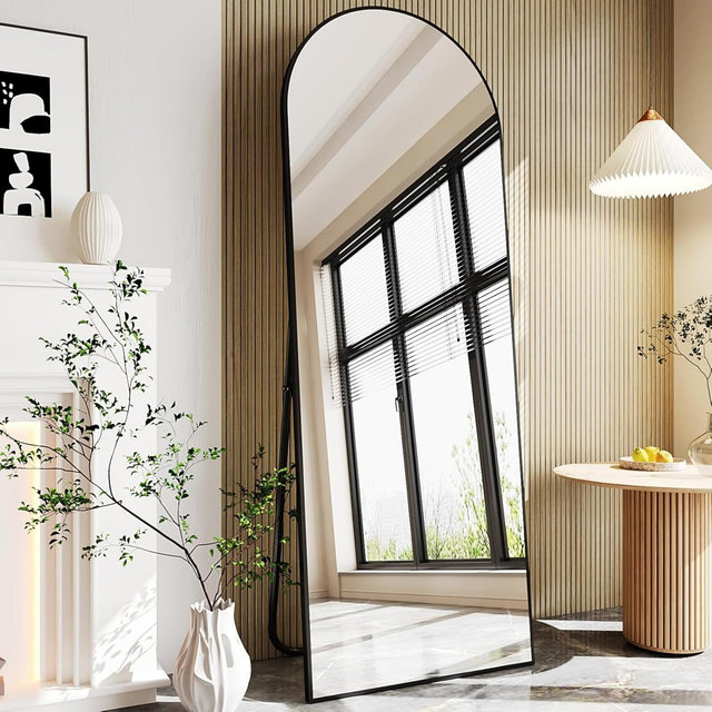 BEAUTYPEAK 64"x 21.36" Full Length Arched Full Body Floor Mirror with stand, Black