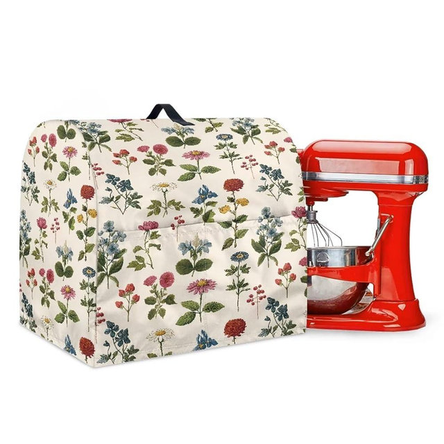 Txsniver Kitchen Mixer Dust Cover Reusable Appliance Decor Cover with Front Pockets and Top Handle Multi-Functional Kitchen Accessories for 6-8 Quart Standing Mixer, Floral Beige