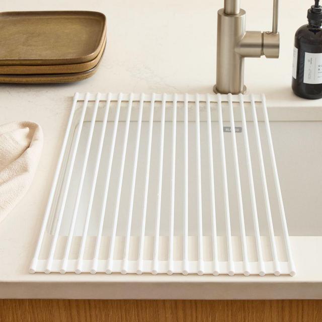 Modern Kitchen Roll Up Over the Sink Drying Rack Silicone White
