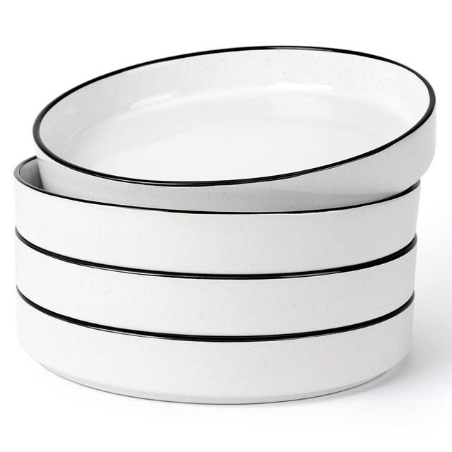 famiware Nebula Pasta Bowls for 4, 8.75-inch Salad Bowl Sets, Large Wide Bowls for Serving Dinner, White with Black Rim