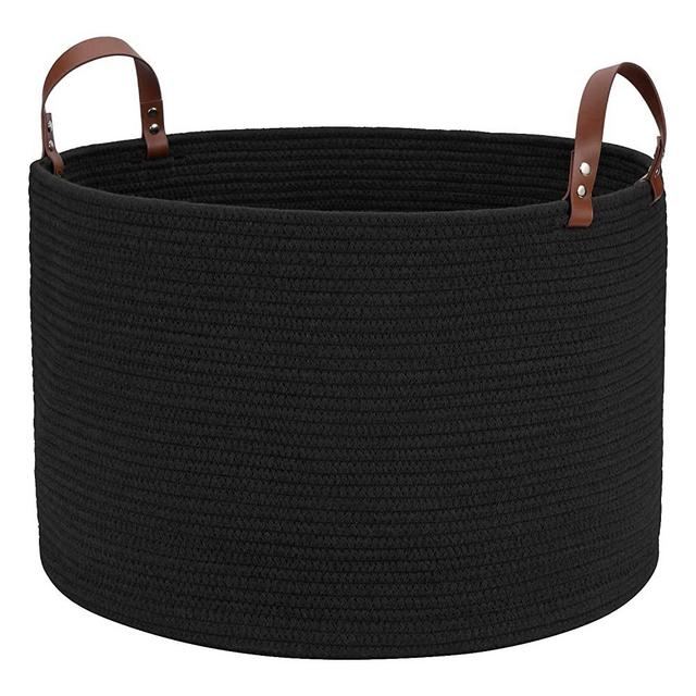 Hombins Large Blanket Basket Cotton Rope Woven Storage Basket - Decorative Laundry Basket Living Room Round Storage Basket with Handle for Toy, Pillow, 20''X20''X13'', Black