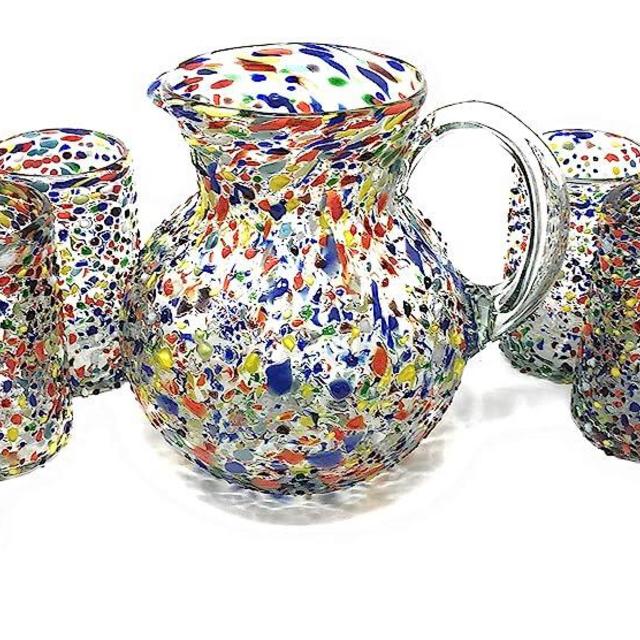 Mexican Hand Blown Glass Drinkware Set - Includes 84oz Pitcher and 6 Blown Drinking Glasses (14oz) –Confetti Rock Design