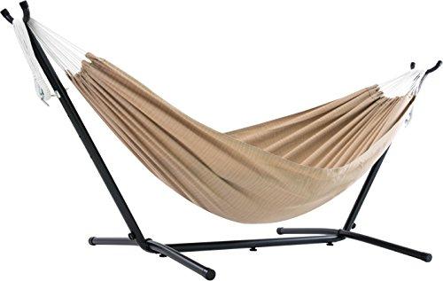 Vivere Double Sunbrella Hammock with Space Saving Steel Stand, Sand (450 lb Capacity - Premium Carry Bag Included)