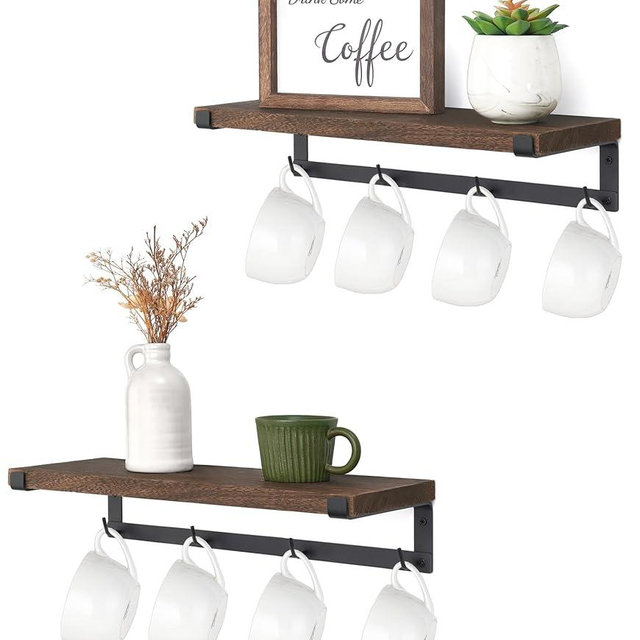 Dahey Mug Holder Wall Mounted Mug Rack with Hooks, Set of 2, Storage Rustic Floating Shelf Coffee Bar Accessories Wood Coffee Cup Hanger for Organizing Cooking Utensil Home Kitchen Decor, Brown
