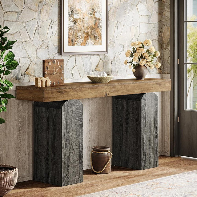 Tribesigns 63" Long Entryway Table, Farmhouse Console Table with 2 Arched Pedestal Legs, Wooden Sofa Console Behind The Couch for Entrance, Hallway, Living Room (Vintage Brown & Grey)
