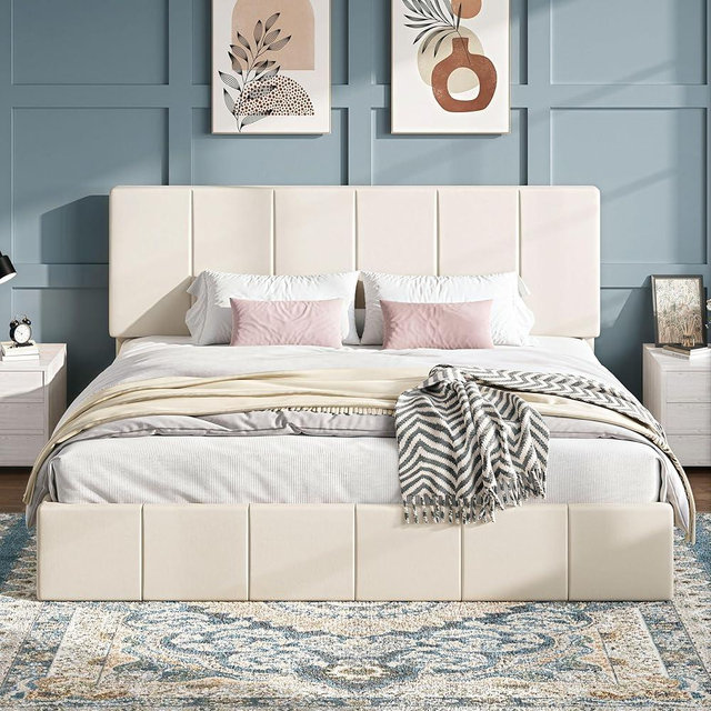 SHA CERLIN King Size Bed Frame, Dutch Velvet Upholstered Platform Bed, Vertical Channel Tufted Adjustable Headboard, Low Profile Bed Frame, No Box Spring Needed, Easy Assembly, Cream