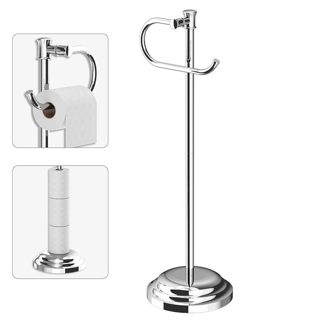 BESy Toilet Paper Holder Free Standing Bathroom Toilet Tissue Holder Stand for Floor Toilet Paper Roll Holder with Storage Hardware Accessories Rack Hand Towel Bar Polished Chrome Stainless Steel