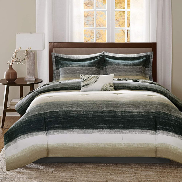 Madison Park Essentials Cozy Bed in a Bag Comforter, Vibrant Color Design All Season Down Alternative Cover with Complete Sheet Set, King(104"x92"), Stripe Taupe