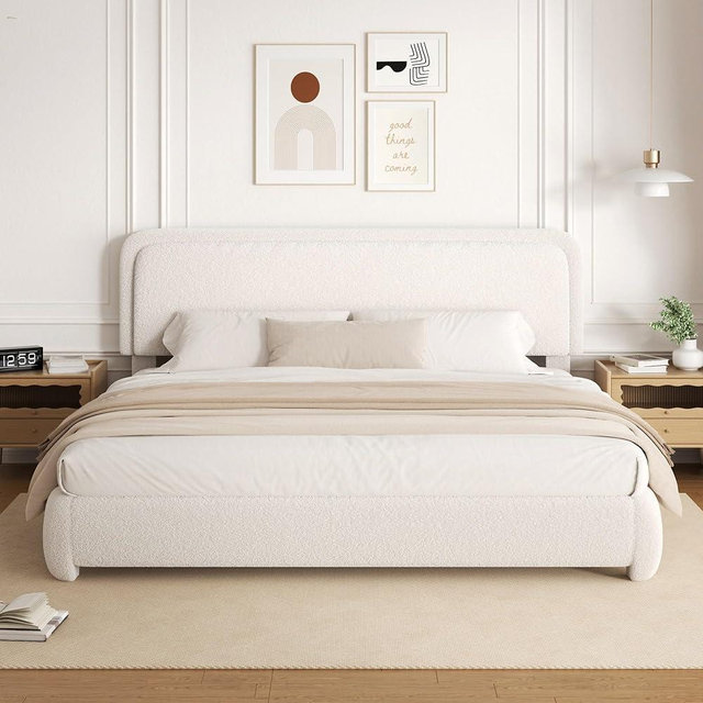 viplov King Size Boucle Bed Frame, Upholstered Cloud Platform Bed Frame with Headboard, Anti-Collision Soft Rounded Corners, No Box Spring Required, Easy Assembly, Noise Free, Adjustable Headboard