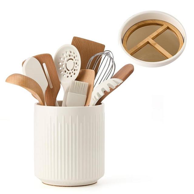 JIEMEI HOME Kitchen Utensil Holder, 7.2" Large Ceramic Stable Utensil Crock for Kitchen Counter, Utensil Holder with Cork Mat, Removable Bamboo Divider for Easy, Kitchen Decor and Accessories, White