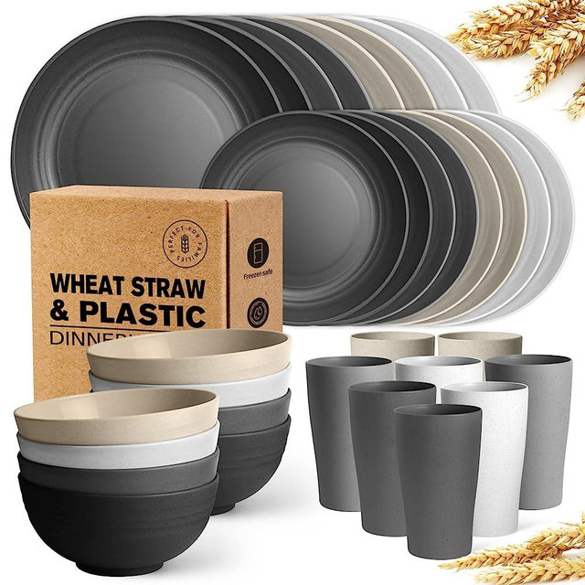 Teivio 32-Piece Kitchen Plastic Wheat Straw Dinnerware Sets, Service for 8, Dinner Plates, Dessert Plate, Cereal Bowls, Cups, Unbreakable Plastic Outdoor Camping Dishes, Stone
