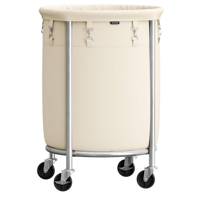 SONGMICS Laundry Basket with Wheels, Rolling Laundry Hamper, 45 Gal., Round Laundry Cart with Steel Frame and Removable Bag, 4 Casters and 2 Brakes, Cream and Silver URLS01MZ