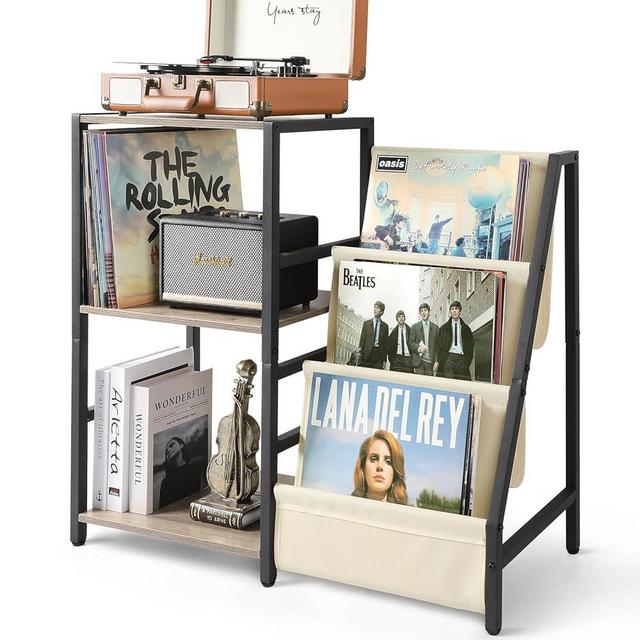 Bikoney Record Player Stand, Turntable Stand with 3-Tier Vinyl Record Storage, Record Player Table Up to 200 Albums, End Table for Vinyl Records, Vinyl Record Holder Cabinet for Living Room White