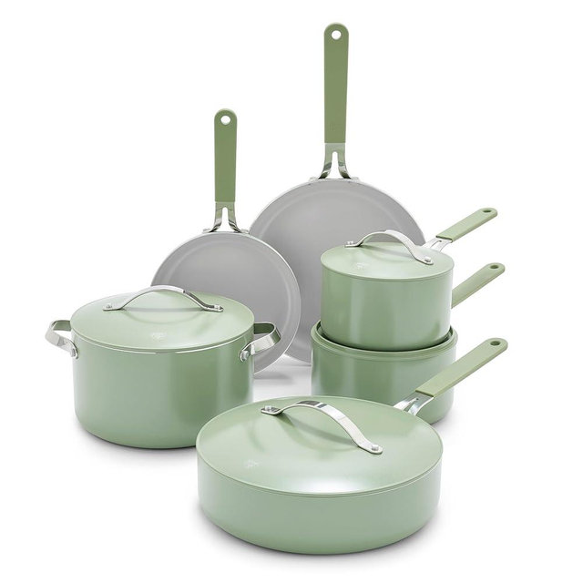 GreenLife Dream 10-Piece Ceramic Nonstick Cookware Set, PFOA-Free, PFAS-Free, Pots and Pans with Lids, Dishwasher & Oven Safe, Stay-Cool Handles, Healthy Cooking Essentials, Sage Green