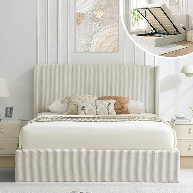 VELOCAVA King Size Lift-Up Storage Bed, Modern Upholstered Corduroy White Bed with Wingback Headboard, Hydraulic Lift Platform, Sturdy Wooden Slat Support, No Box Spring Needed, Easy Assembly