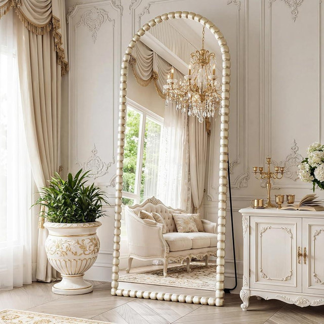 Vintage Full Length Mirror with Stand, 71x28 Inch Arched Beaded Full Body Mirrors, Large Floor Mirror Standing Mirror Full Length Wall Mounted Decor for Bedroom Living Room Cloakroom, PU Frame, Silver