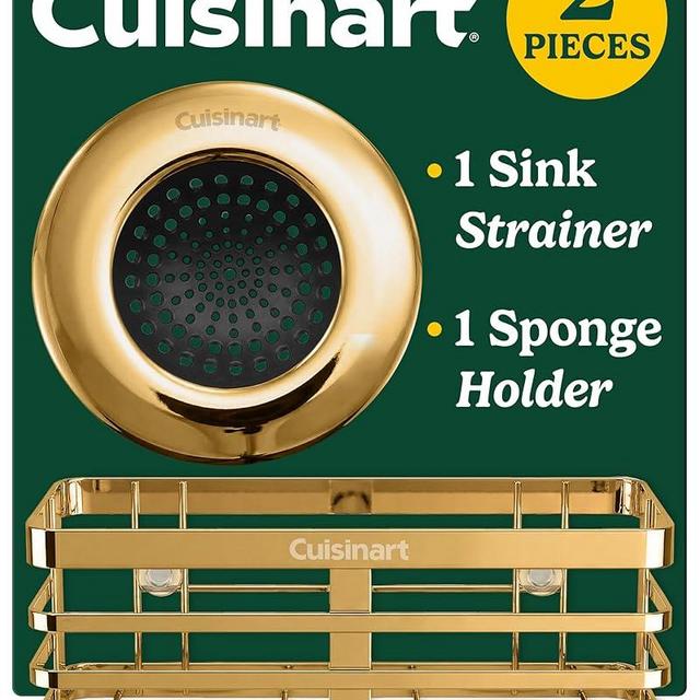 Cuisinart 2 Piece Sink Set – Sink Drain Strainer with Stainless Steel Rim & Silicone Mesh Base & Sponge Holder for Kitchen Sink, Metal Caddy with Triple Suction Cups, Daily Kitchen Essentials
