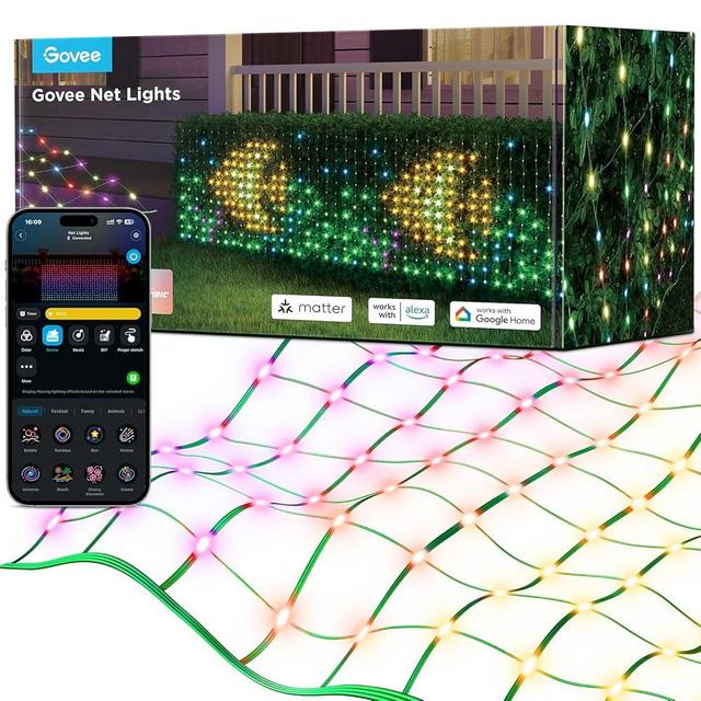 Govee Outdoor Net Lights, 2.8 × 9.4ft with RGBIC and DIY Functions, 480 LEDs Smart Net Lights with Scene Modes for Halloween Bush Patio Decor, IP65 Waterproof, Compatible with Alexa & Google Assistant