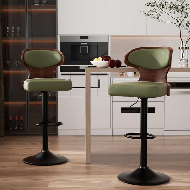 Nalupatio Bar Stools Set of 2, Bentwood Swivel Barstools Seat Adjustable Height 24.5-33.5IN with Back & Footrest - PU Leather Upholstered Bar Chair for Dining Room, Green