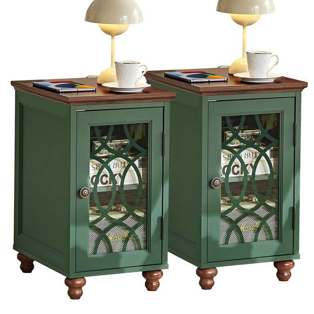 Joaxswe Narrow Side Table Set of 2 with Glass Door, 18 x 14'' Night Stand with Adjustable Shelf Storage Cabinet Organizer, Bedside End Tables Wood Nightstand for Small Spaces Living Room Bedroom