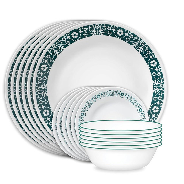 Corelle Vitrelle 18 Piece Glass Dinnerware Sets Service for 6, Triple Layer Chip & Crack Resistant Glass Plate and Bowl Sets, Penelope