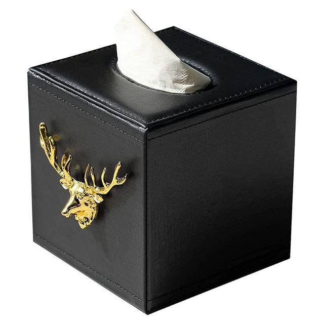 MFMM Square Decor Leather Tissue Box Cover with Magnetic Bottom, Decorative Cube Tissue Box Holder for Bathroom Bedside Table Dresser Office Car, Black