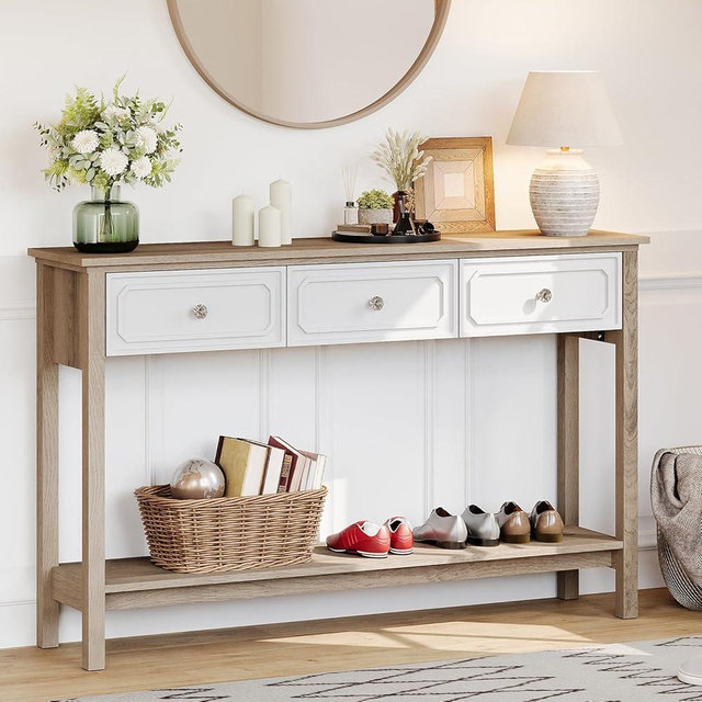 LAZZO Entryway Table with Storage Console Table with 3 Drawers and Open Shelf Behind The Couch Sofa Tables Narrow Long for Entry, Hallway, Foyer, Living Room Brown and White