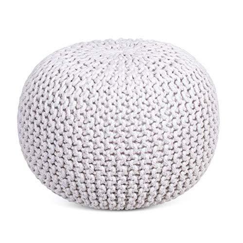 BIRDROCK HOME Round Pouf Foot Stool Ottoman - Knit Bean Bag Floor Chair - Cotton Braided Cord - Great for The Living Room, Bedroom and Kids Room - Small Furniture (Ivory)
