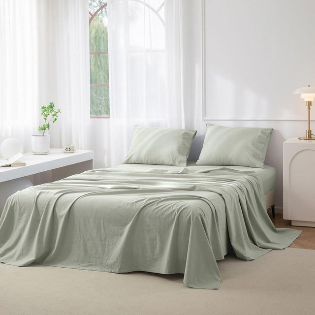 JIYUAN 100% Washed Cotton Sheet Set 4 Pieces Full,1 Fitted Sheet,1 Flat Sheet and 2 Pillowcases,Comfy and Breathable Linen Like Bedding Set,Heathered Sage Green